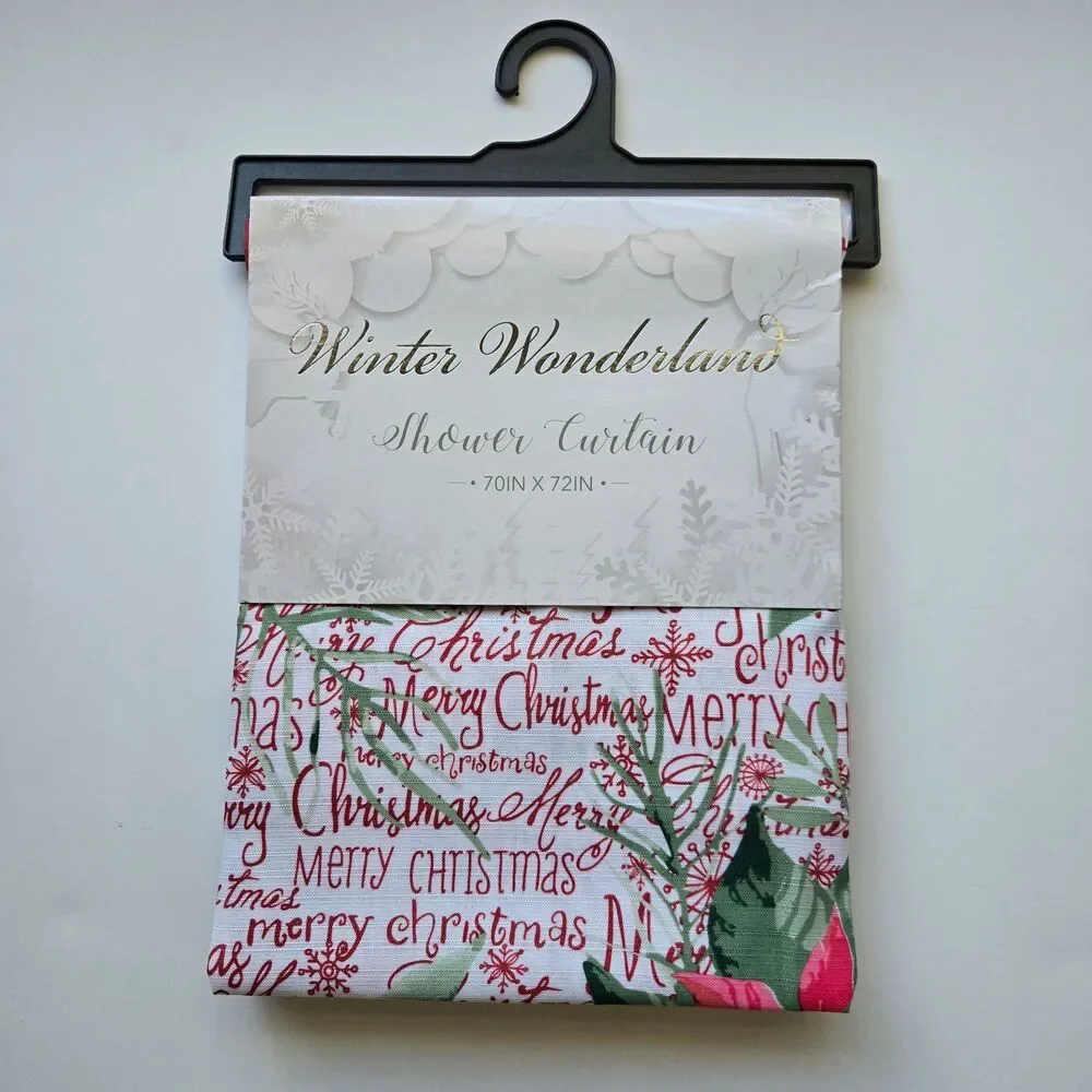 Merry Christmas Shower Curtain 70 x 72 Poinsettias Winter Wonderland